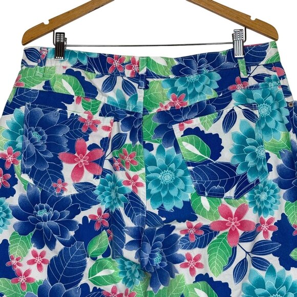 Bill Blass Women's Bold Floral Capri Pants Sz 16 Hi Rise Blue Pink Green Cotton - Picture 9 of 12